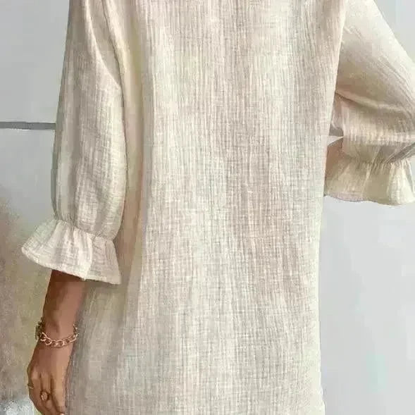 Women's Solid Color Cotton Ruffled Sleeve And Linen Breasted Loose Shirt Dress - EX-STOCK CANADA