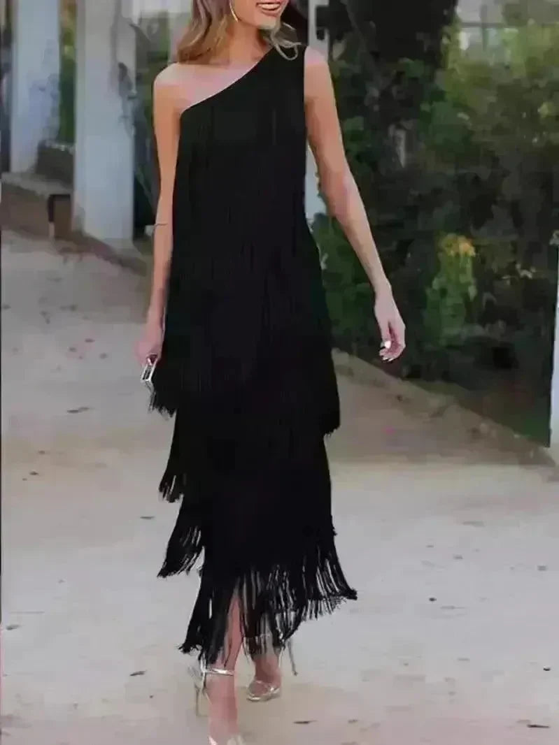 Women's Solid Color Diagonal Collar Multi-layer Tassel Stitching Design Dress - EX-STOCK CANADA
