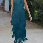 Women's Solid Color Diagonal Collar Multi-layer Tassel Stitching Design Dress - EX-STOCK CANADA