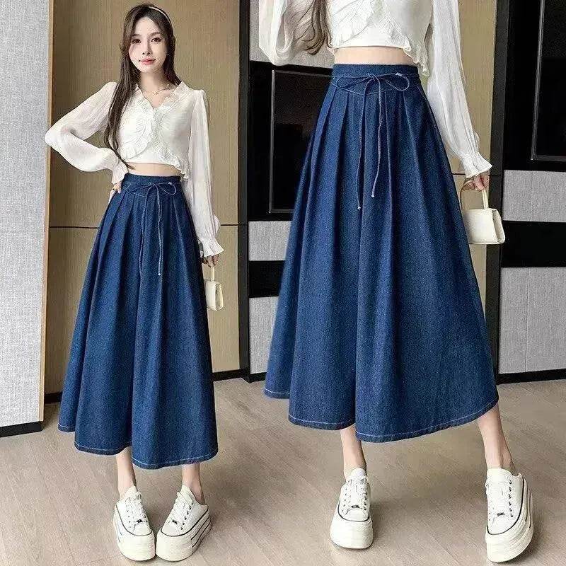 Women's Temperament High Waist Denim Pleated Mid-length Skirt - EX-STOCK Canada
