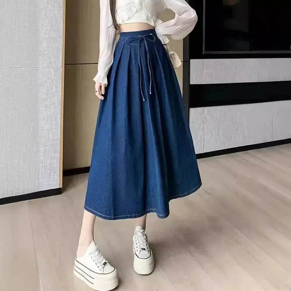 Women's Temperament High Waist Denim Pleated Mid-length Skirt - EX-STOCK Canada