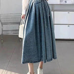 Women's Temperament High Waist Denim Pleated Mid-length Skirt - EX-STOCK Canada