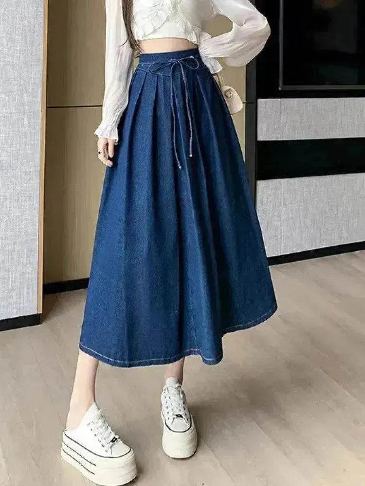 Women's Temperament High Waist Denim Pleated Mid-length Skirt - EX-STOCK Canada