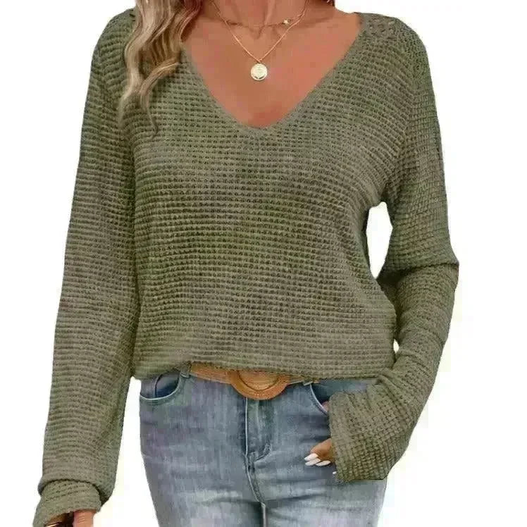 Women's V-neck Solid Color Fashion Knitted Blouse - EX-STOCK CANADA