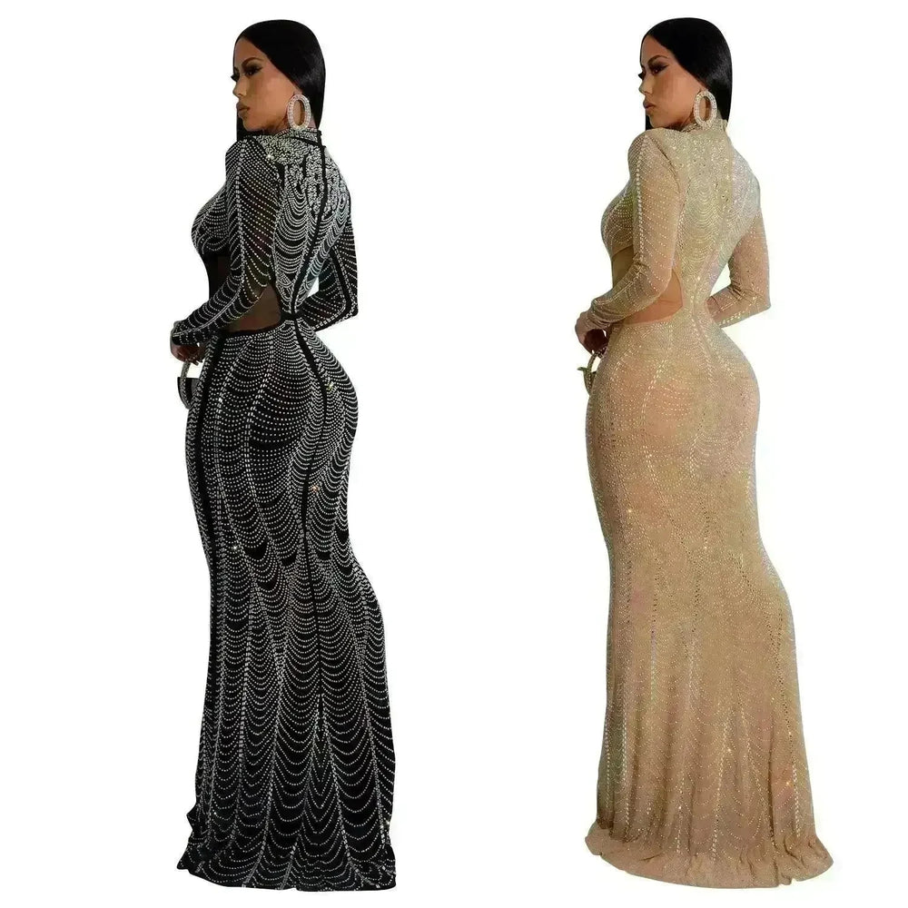 Women's Wear Pure Color Mesh Hot Drilling Dress - EX-STOCK CANADA