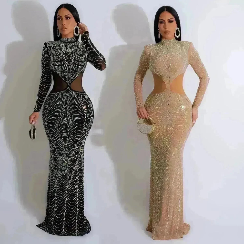 Women's Wear Pure Color Mesh Hot Drilling Dress - EX-STOCK CANADA