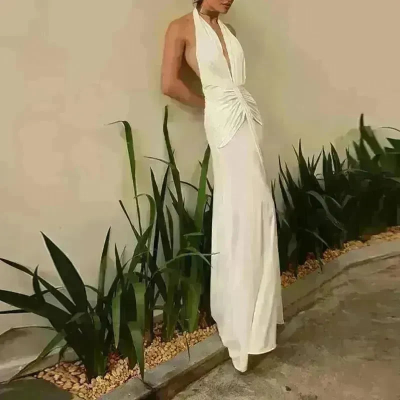 Women Summer Backless Sleeveless Hanging Neck Pleated White Dress - EX-STOCK CANADA