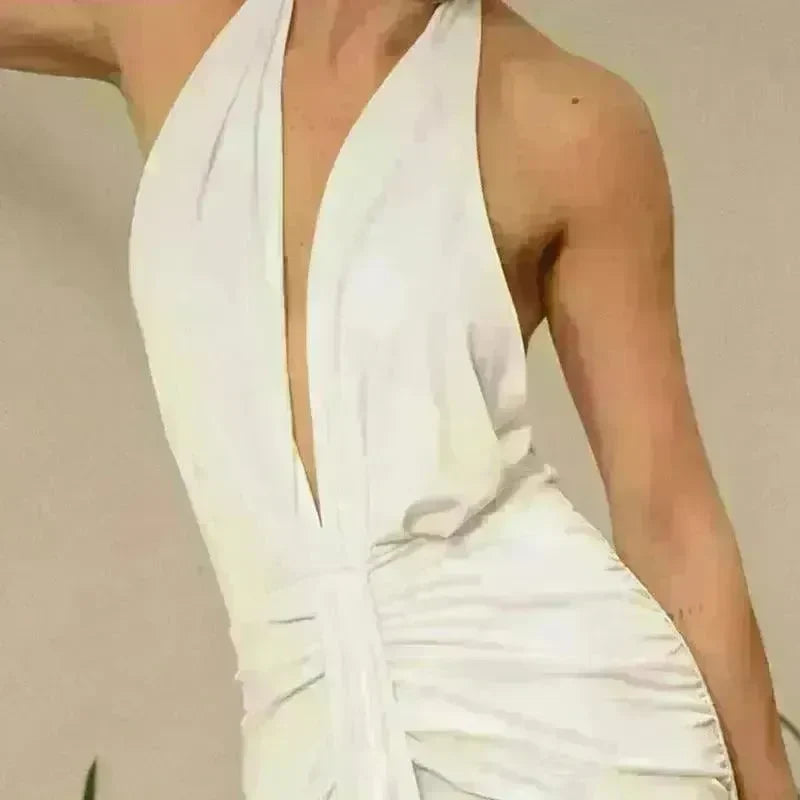 Women Summer Backless Sleeveless Hanging Neck Pleated White Dress - EX-STOCK CANADA