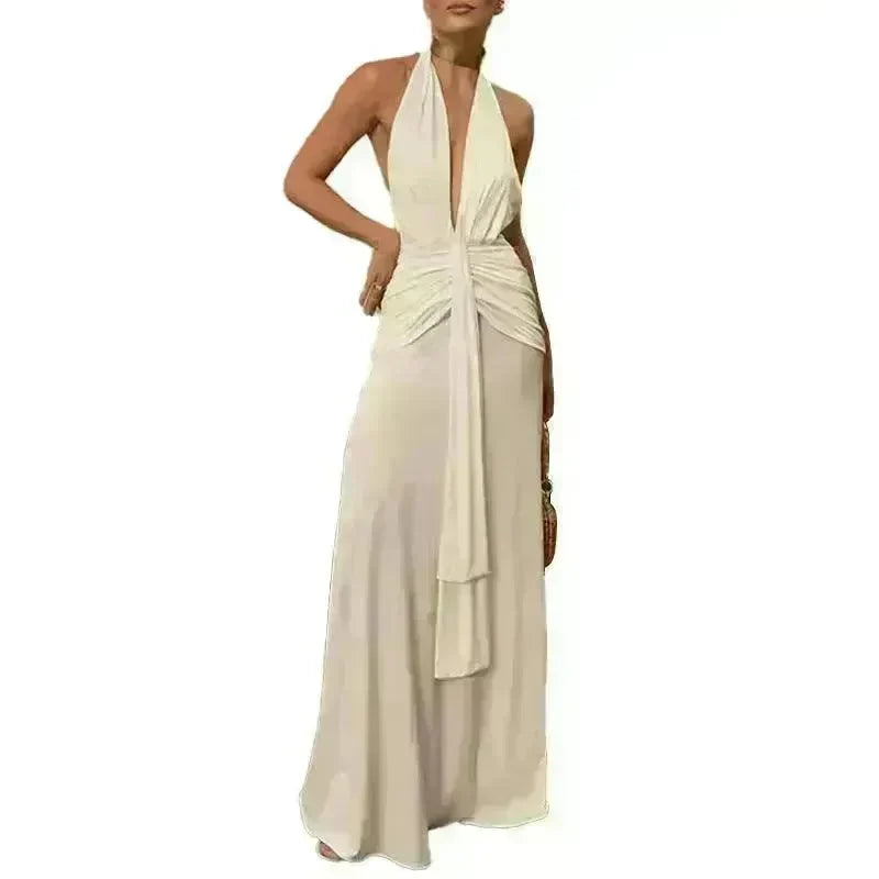 Women Summer Backless Sleeveless Hanging Neck Pleated White Dress - EX-STOCK CANADA