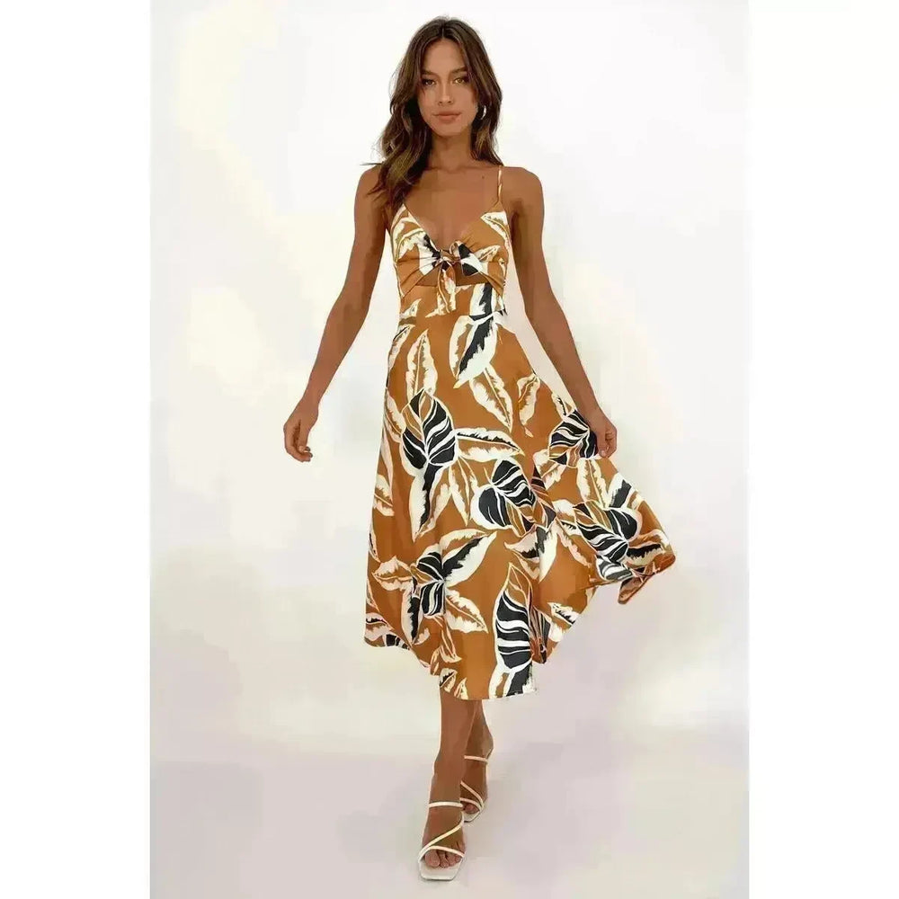 Women Sweet Tie-neck Split Sleeveless Floral Midi Dress - EX-STOCK CANADA