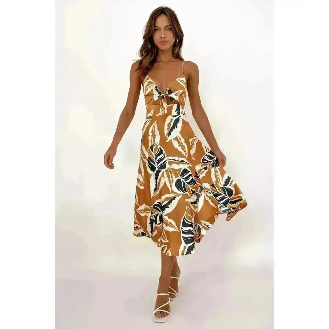 Women Sweet Tie-neck Split Sleeveless Floral Midi Dress - EX-STOCK CANADA