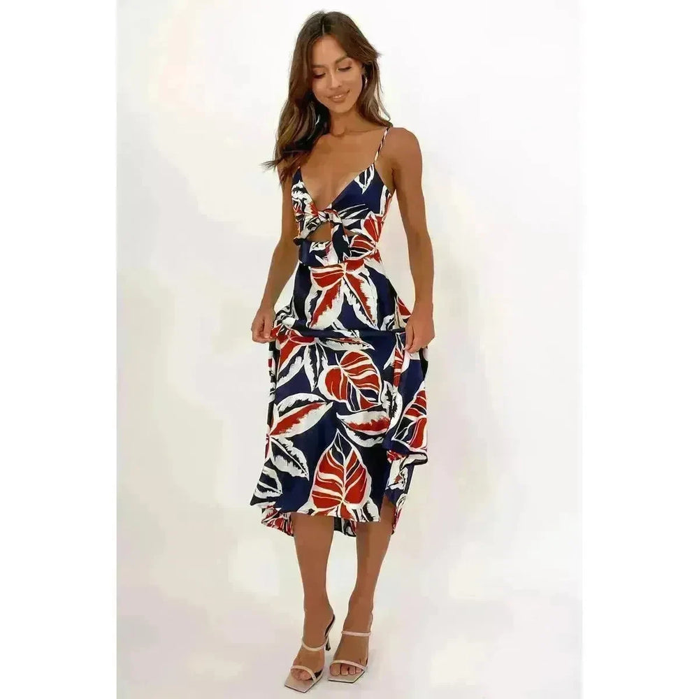 Women Sweet Tie-neck Split Sleeveless Floral Midi Dress - EX-STOCK CANADA