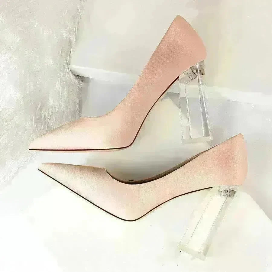 Womens Pumps Shoes Stiletto Satin Transparent Block High Heels - EX-STOCK CANADA