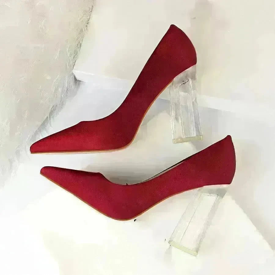 Womens Pumps Shoes Stiletto Satin Transparent Block High Heels - EX-STOCK CANADA