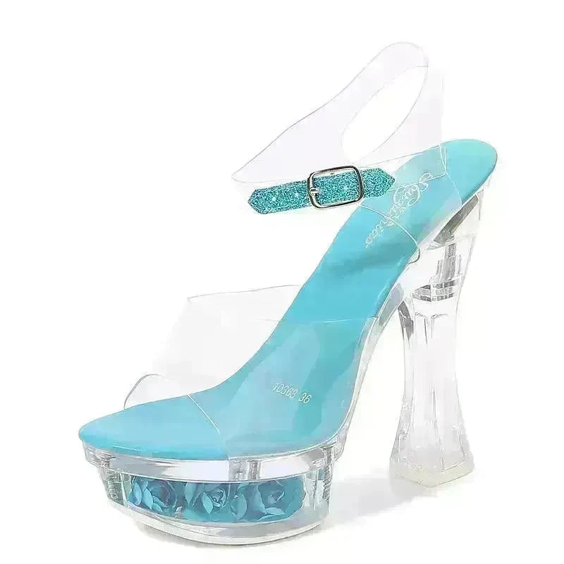 Womens Shiny Sandals Party Shoes Transparent Flowers High Heels - EX-STOCK CANADA