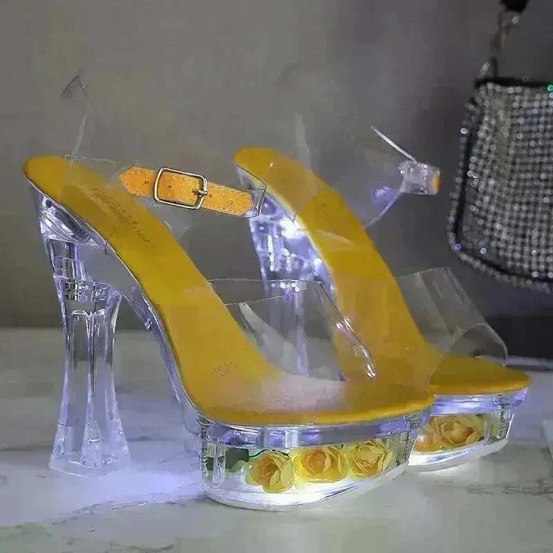 Womens Shiny Sandals Party Shoes Transparent Flowers High Heels - EX-STOCK CANADA