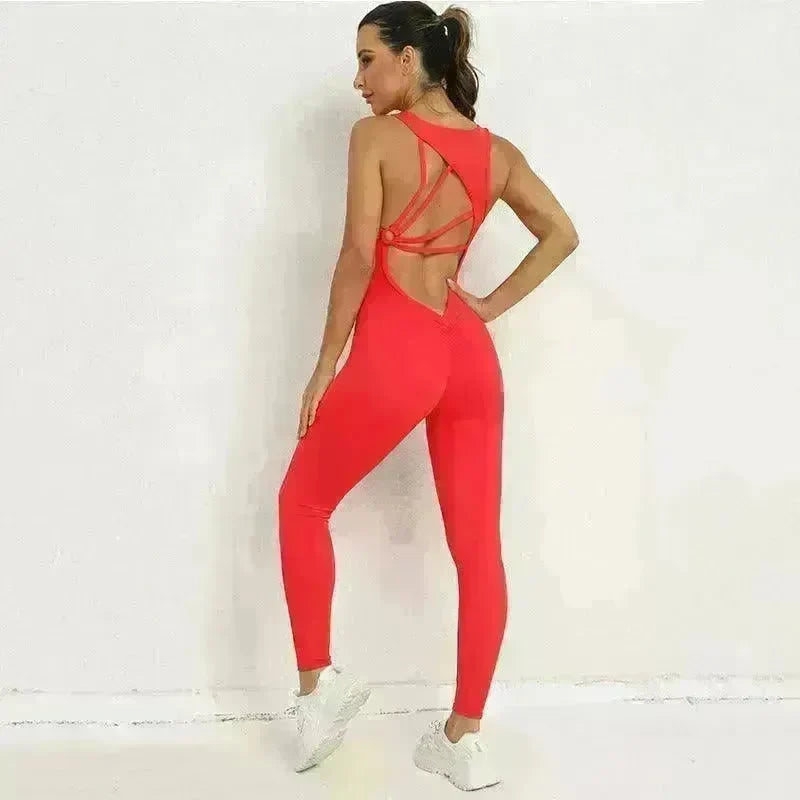 Yoga Jumpsuit V-shaped Back Design Sleeveless Fitness Running Sportswear Stretch Tights Pants For Womens Clothing - EX-STOCK CANADA