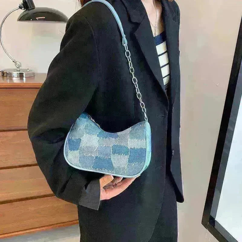 Denim Shoulder Simple Plaid Patchwork Underarm Women Bag - EX-STOCK CANADA