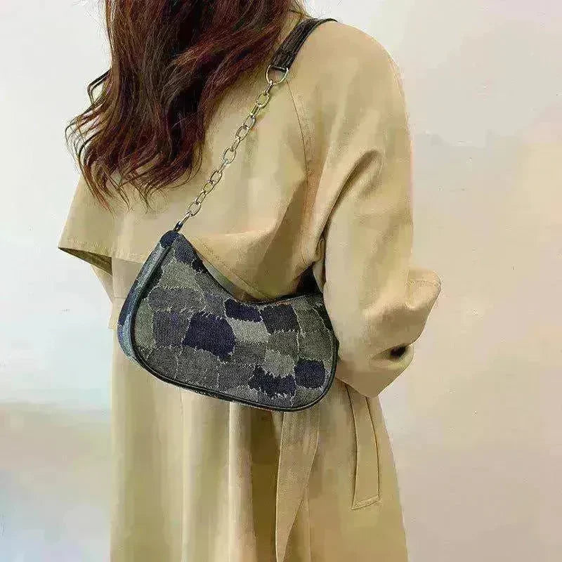 Denim Shoulder Simple Plaid Patchwork Underarm Women Bag - EX-STOCK CANADA