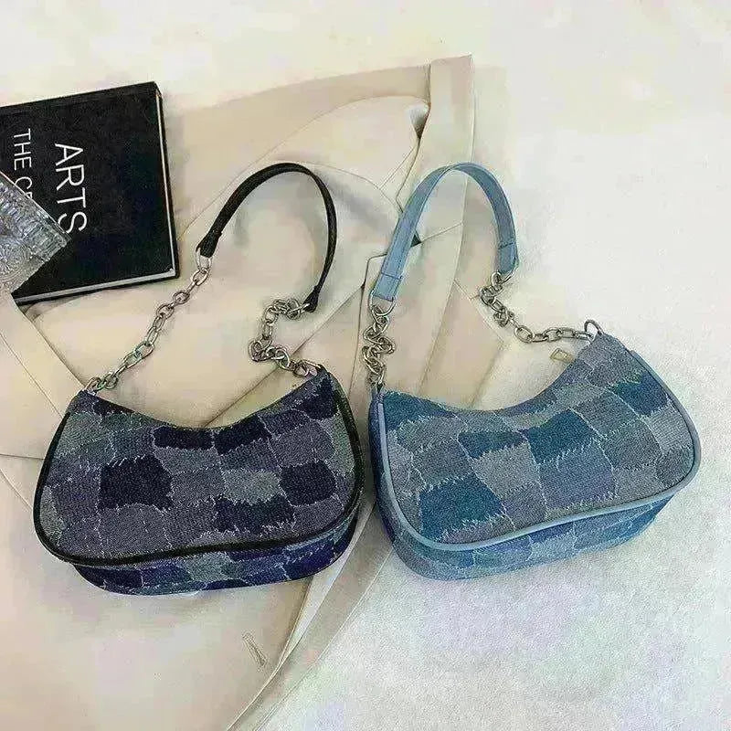 Denim Shoulder Simple Plaid Patchwork Underarm Women Bag - EX-STOCK CANADA